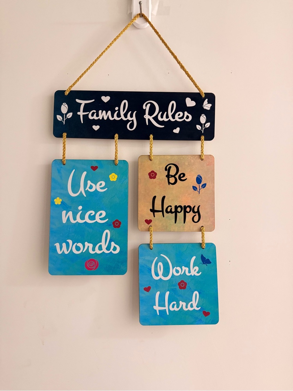 Family Rules Wall Sign - Blue/Tan Inspirational Hanging Decor